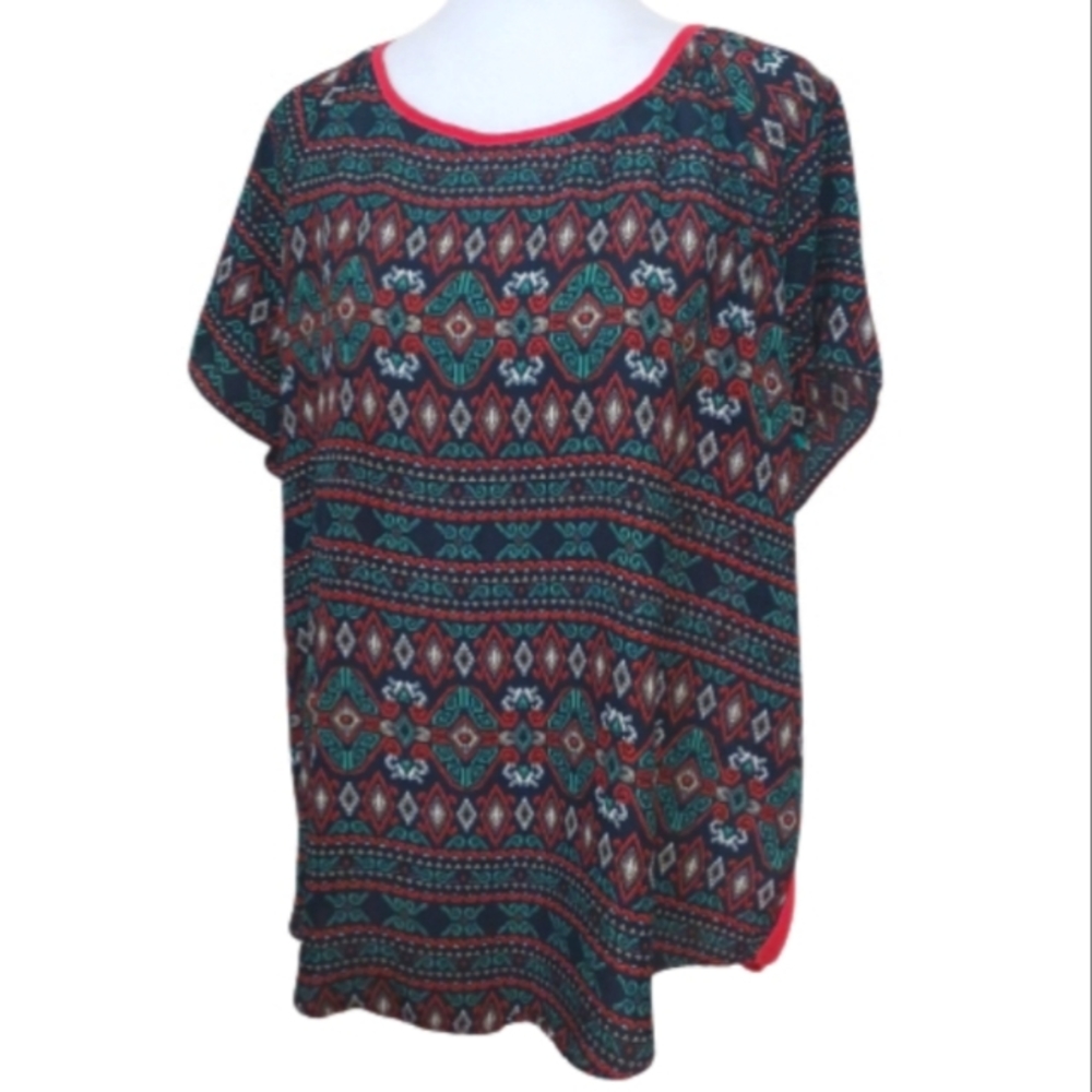 Umgee Batik Print Red Sheer Open Back Top Blouse Women's size Large